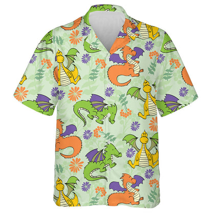Cute Cartoon Dragons And Flower On Green Hawaiian Shirt, Hawaiian Shirt Gift, Christmas Gift