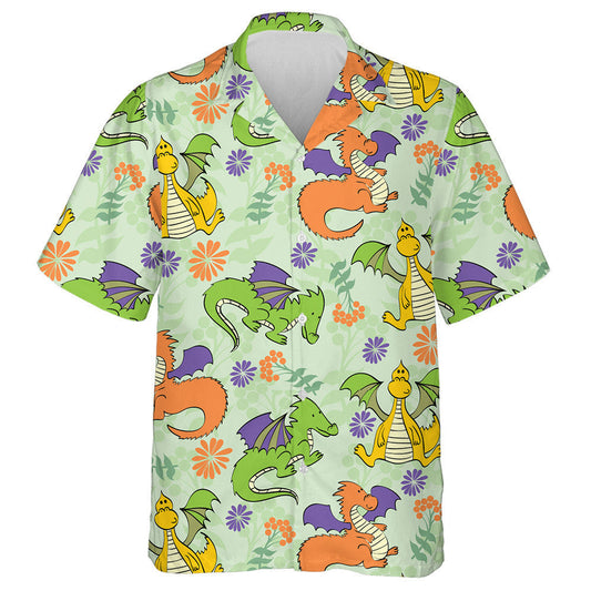 Cute Cartoon Dragons And Flower On Green Hawaiian Shirt, Hawaiian Shirt Gift, Christmas Gift
