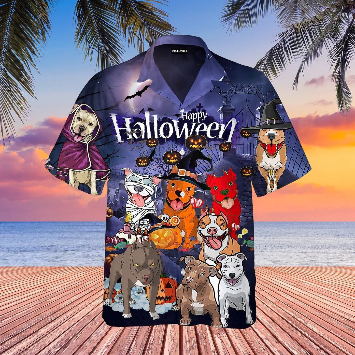 Funny Pitbull Dog Halloween Festival Dramatic Hawaiian Shirt,Hawaiian Shirt Gift, Christmas Gift