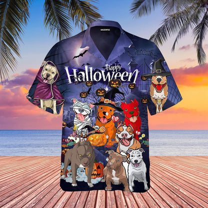 Funny Pitbull Dog Halloween Festival Dramatic Hawaiian Shirt,Hawaiian Shirt Gift, Christmas Gift