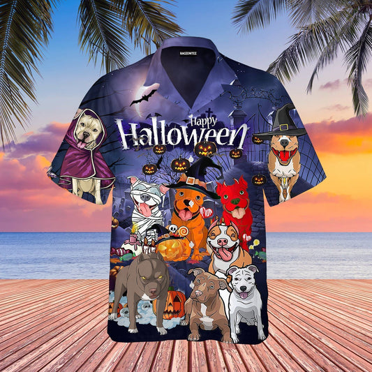 Funny Pitbull Dog Halloween Festival Dramatic Hawaiian Shirt,Hawaiian Shirt Gift, Christmas Gift