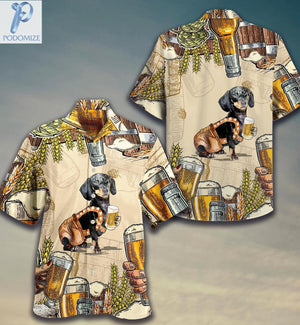 Black Dachshund Drinking Beer Pattern Hawaiian Shirt, Hawaiian For Gift