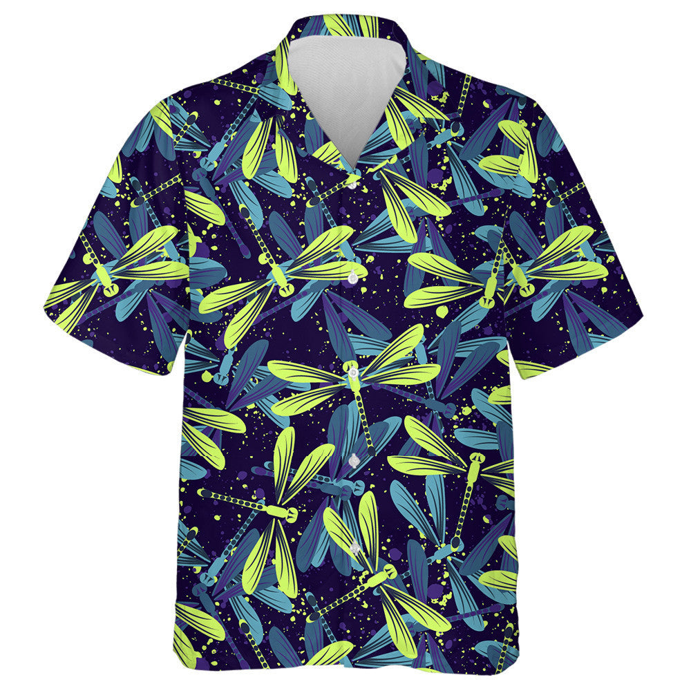 Neon Bright Flying Dragonfly On Dark Hawaiian Shirt, Hawaiian Shirt Gift, Christmas Gift