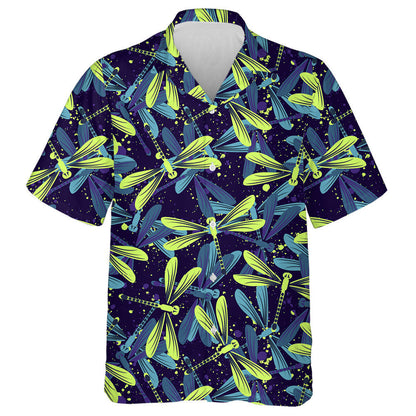 Neon Bright Flying Dragonfly On Dark Hawaiian Shirt, Hawaiian Shirt Gift, Christmas Gift