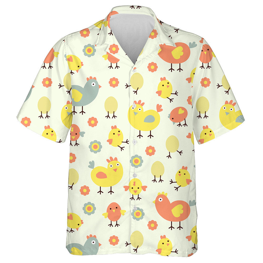 Sicín Greannmhar le Uibheacha Agus Bláth ar Chúlra Beige Léine Haváí, Bronntanas Léine Haváís, Bronntanas Nollag