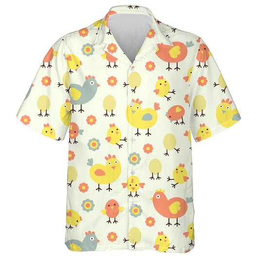 Sicín Greannmhar le Uibheacha Agus Bláth ar Chúlra Beige Léine Haváí, Bronntanas Léine Haváís, Bronntanas Nollag