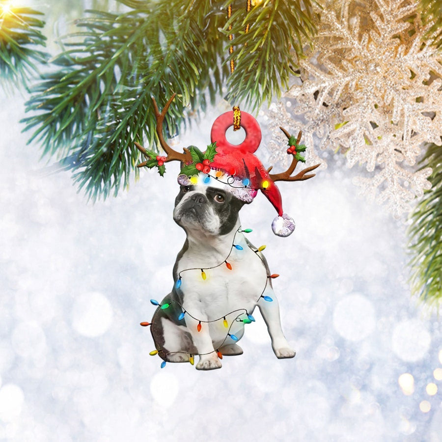Boston Terrier Christmas Light Reindeer Ornament, Dog Lover Gifts, Christmas Tree Ornament, Home Decor Plastic Ornament, Christmas Ornament Gift, Christmas Gift, Christmas Decoration