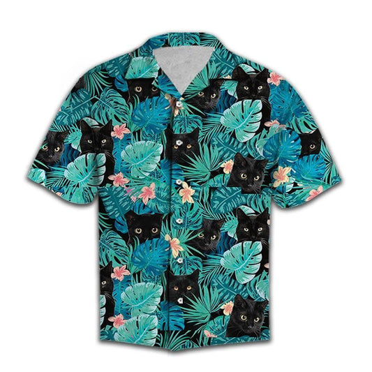 Cat Dubh gleoite Folaigh I bPatrún na nDuilleoga Trópaiceacha Léine Haváís, Bronntanas Léine Haváíais, Bronntanas Nollag