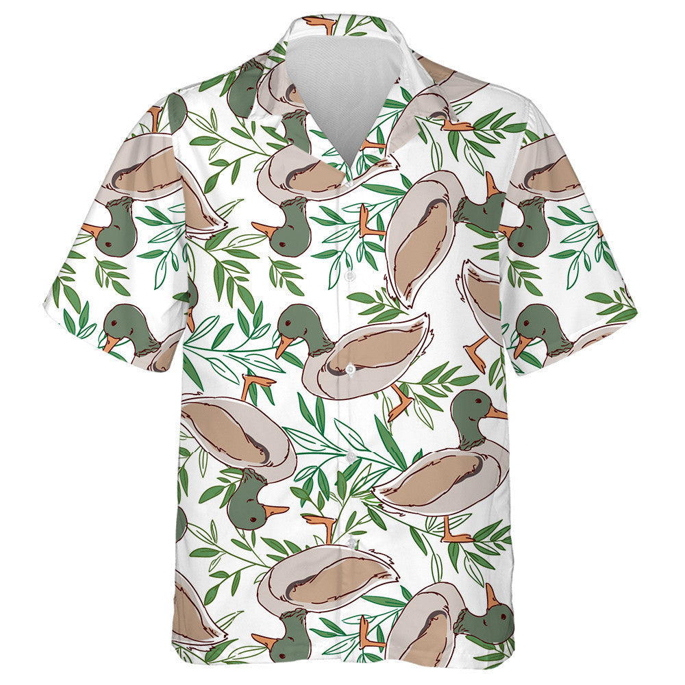 Cartoon Duck And Leaves On White Hawaiian Shirt, Hawaiian For Gift