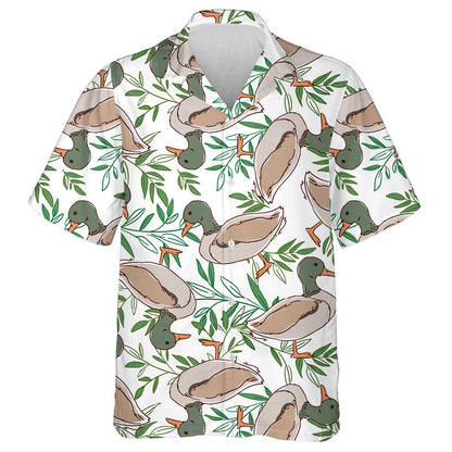 Cartoon Duck And Leaves On White Hawaiian Shirt, Hawaiian For Gift