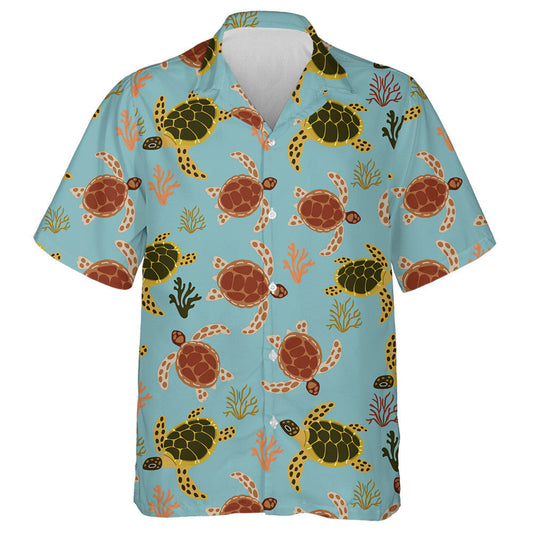 Turtles And Starfish On A Blue Background Hawaiian Shirt, Hawaiian For Gift