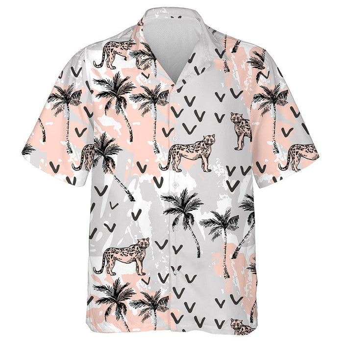 Wild Animals Leopard With Abstract Minimal Palm Trees Hawaiian Shirt, Hawaiian Shirt Gift, Christmas Gift