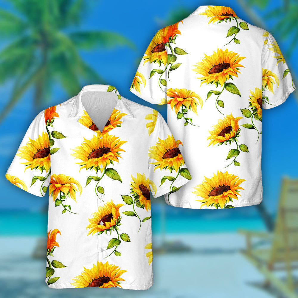 Bright Sunflowers On White Background Pattern Hawaiian Shirt, Hawaiian For Gift