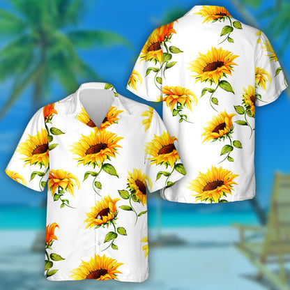 Bright Sunflowers On White Background Pattern Hawaiian Shirt, Hawaiian For Gift