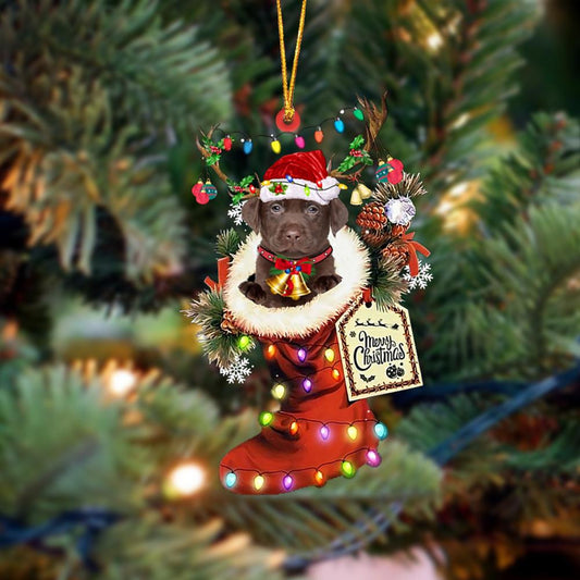 CHOCOLATE Labrador-Xmas Boot-Two Sided Christmas Plastic Hanging Ornament, Christmas Shape Ornament, Happy Christmas Ornament, Christmas Gift, Christmas Decoration