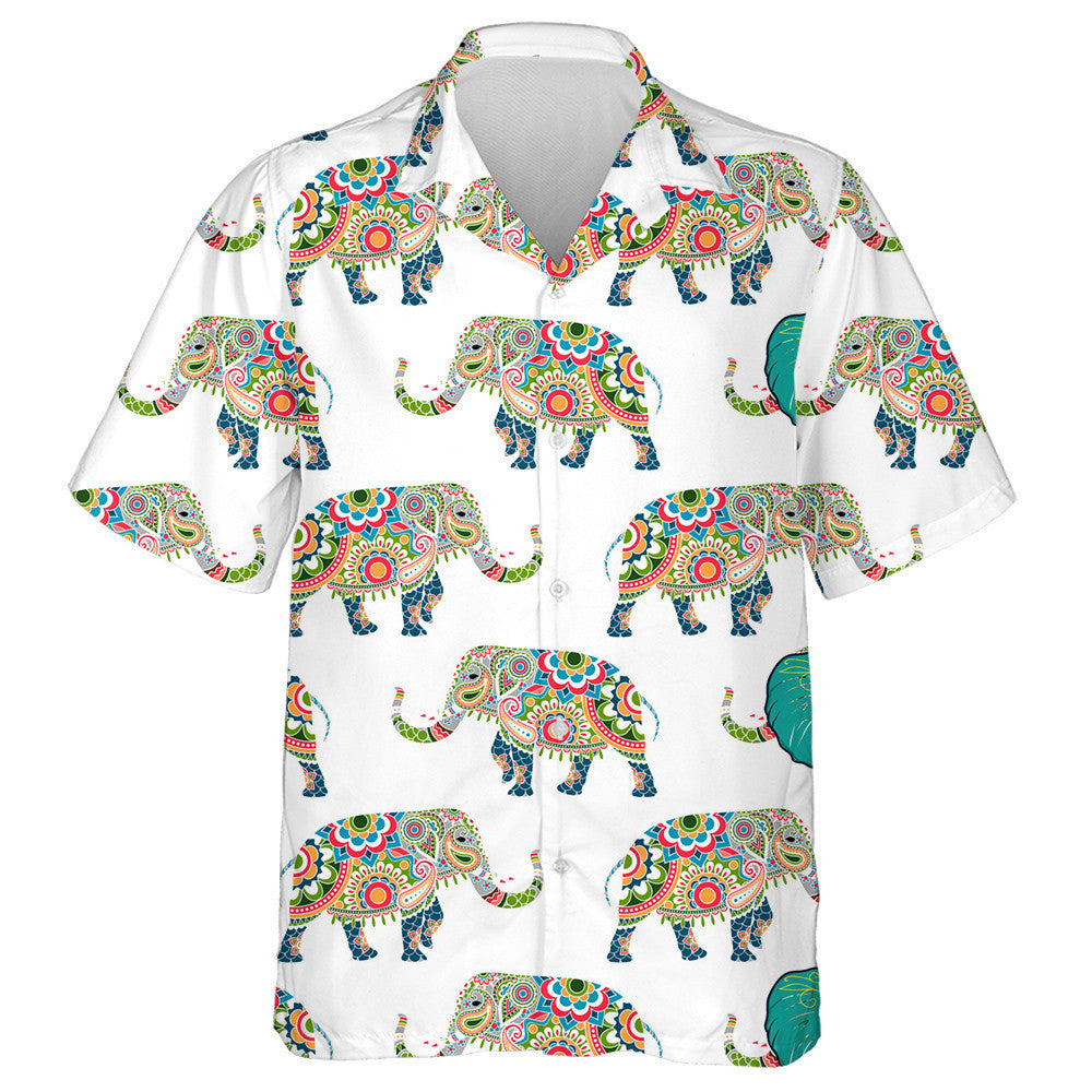 Colorful Elephant Decorated Mandala On White Background Hawaiian Shirt, Hawaiian Shirt Gift, Christmas Gift