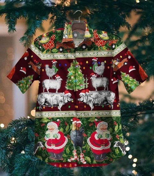 Daidí na Nollag Feirmeoir Le Ainmhithe Gleoite Dear Léine Haváís, Bronntanas Léine Haváís, Bronntanas Nollag