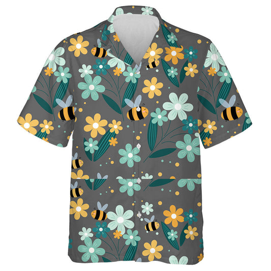 Flowers And Bees On Gray Background Hawaiian Shirt,Hawaiian Shirt Gift, Christmas Gift
