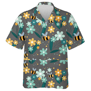 Flowers And Bees On Gray Background Hawaiian Shirt,Hawaiian Shirt Gift, Christmas Gift