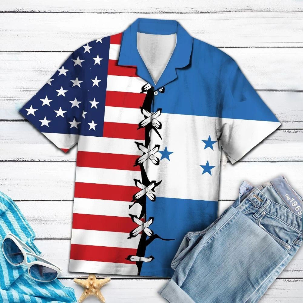 Honduras Root Mixed American Flag Hawaiian Shirt, Hawaiian For Gift