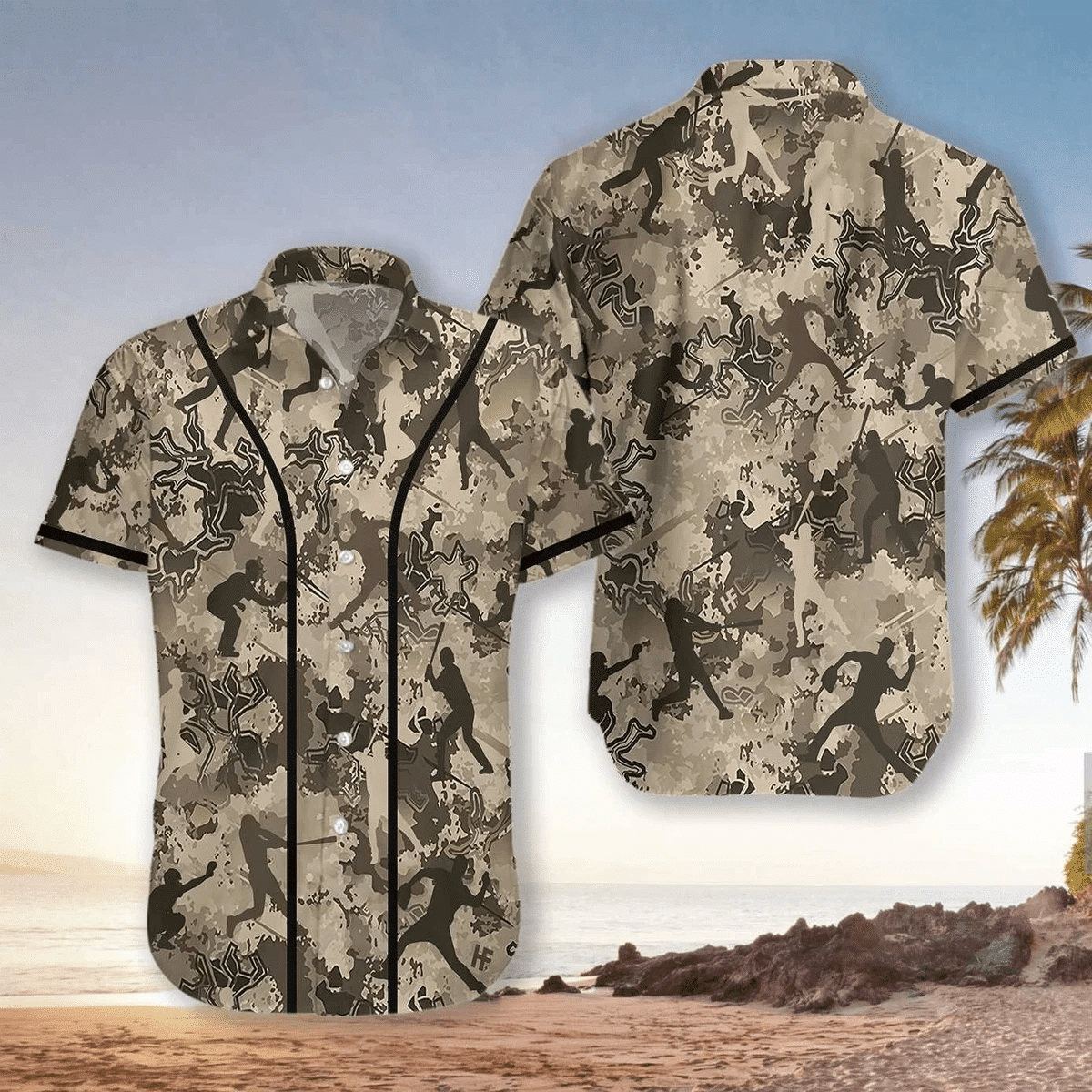 Baseball Camouflage Grey And Brown Design Hawaiian Shirt, Hawaiian For Gift