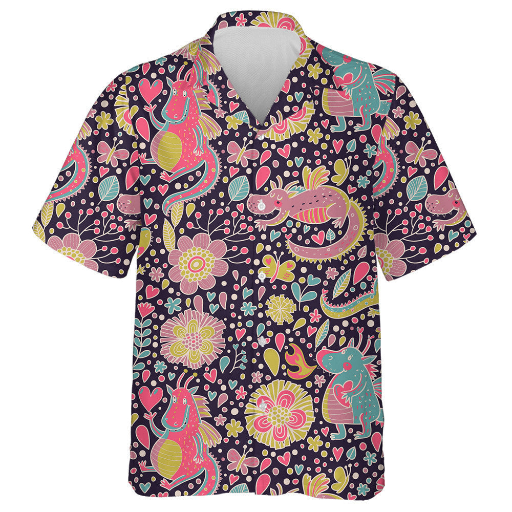 Sweet Background With Flowers And Cartoon Dragons Hawaiian Shirt, Hawaiian Shirt Gift, Christmas Gift