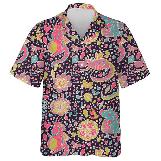 Sweet Background With Flowers And Cartoon Dragons Hawaiian Shirt, Hawaiian Shirt Gift, Christmas Gift