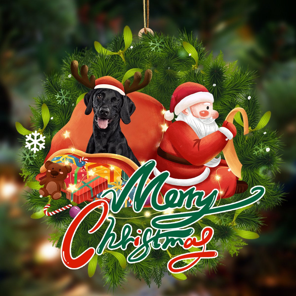 Black Labrador-Santa & dog Hanging Christmas Plastic Hanging Ornament, Christmas Ornament Gift, Christmas Gift, Christmas Decoration