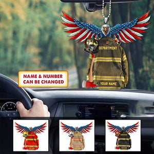 Personalized Eagle Thin Red Line Flag Armor Firefighter Shaped Flat Acrylic Car Hanging Ornament, Christmas Decoration