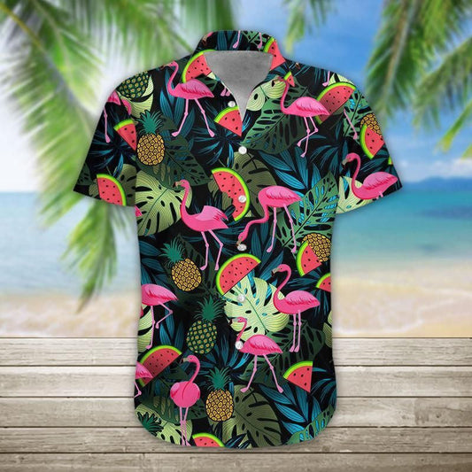 Watermelon And Flamingo Ornamental Design Hawaiian Shirt, Hwaiian For Gift
