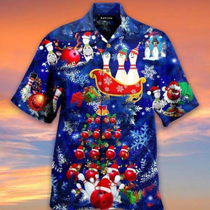 Bowling Merry Christmas Blue Hawaiian Aloha Aloha Shirts Hawaiian Shorts Beach Short Sleeve,Hawaiian Shirt Gift, Christmas Gift