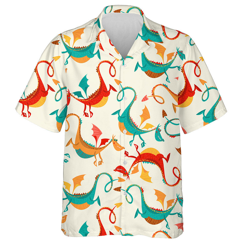 Mult Colored Funny Dragons On White Background Hawaiian Shirt, Hawaiian Shirt Gift, Christmas Gift
