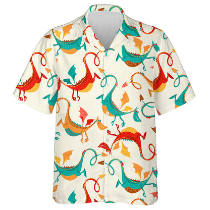 Mult Colored Funny Dragons On White Background Hawaiian Shirt, Hawaiian Shirt Gift, Christmas Gift