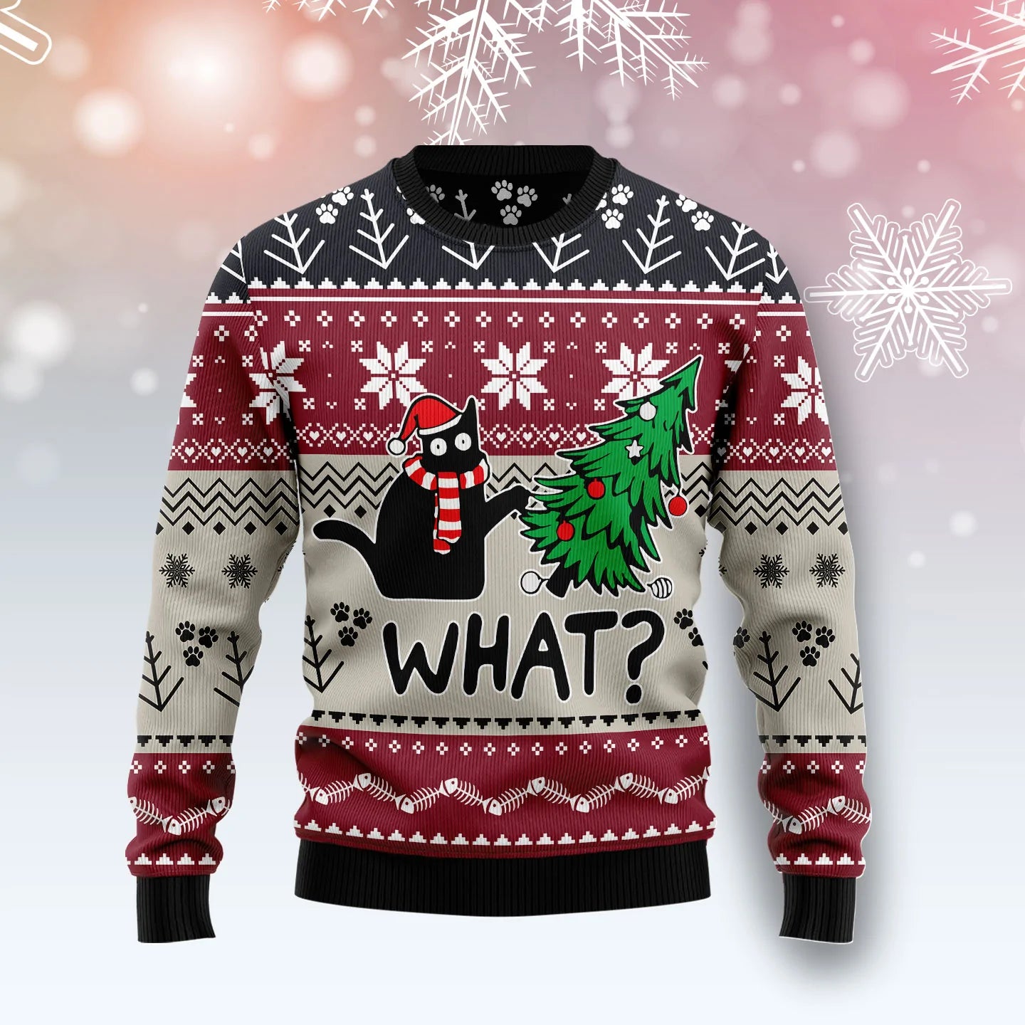 Christmas Cat What unisex womens & mens, couples matching, friends, cat lover, funny family ugly christmas holiday sweater gifts, Christmas Ugly Sweater