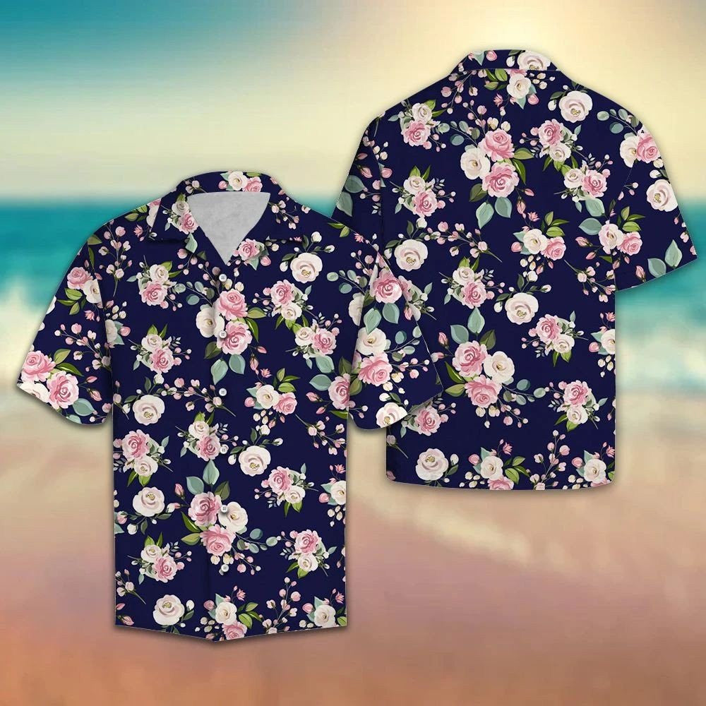 Vivid Pink Floral On Navy Background Hawaiian Shirt, Hwaiian For Gift
