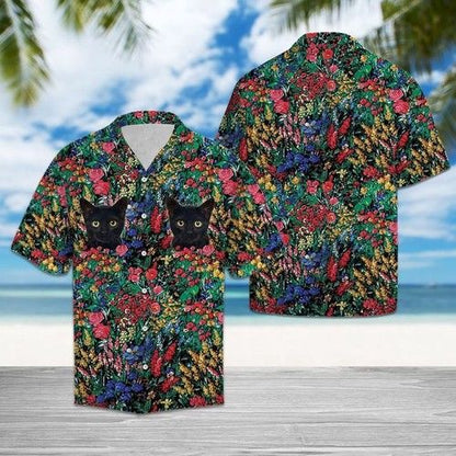 Black Cat Flowers Hawaiian Shirt Summer,Hawaiian Shirt Gift, Christmas Gift
