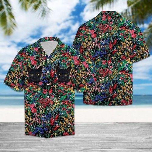 Black Cat Flowers Hawaiian Shirt Summer,Hawaiian Shirt Gift, Christmas Gift
