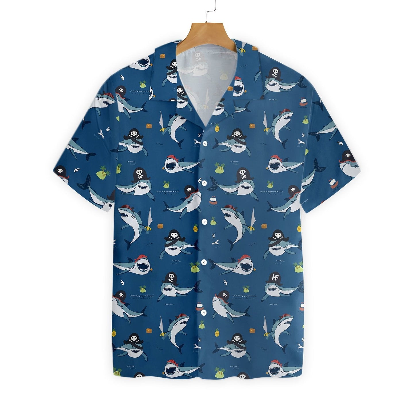 Shark Pirates On Blue Background Design Hawaiian Shirt,Hawaiian Shirt Gift, Christmas Gift