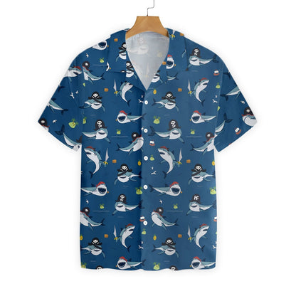 Shark Pirates On Blue Background Design Hawaiian Shirt,Hawaiian Shirt Gift, Christmas Gift