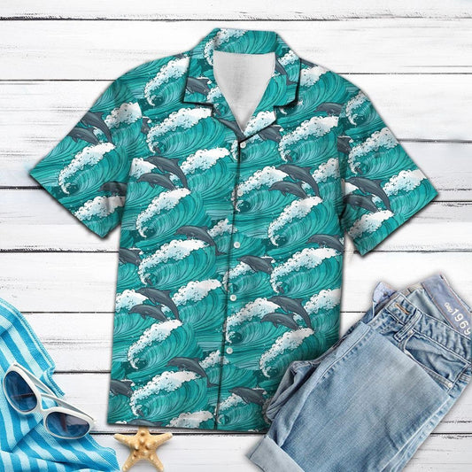 Enticing Dolphin Jumping On Huge Waves Pattern Hawaiian Shirt, Hawaiian Shirt Gift, Christmas Gift
