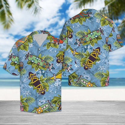 Skateboard On Ocean With Tropical Leaves Hawaiian Shirt,Hawaiian Shirt Gift, Christmas Gift