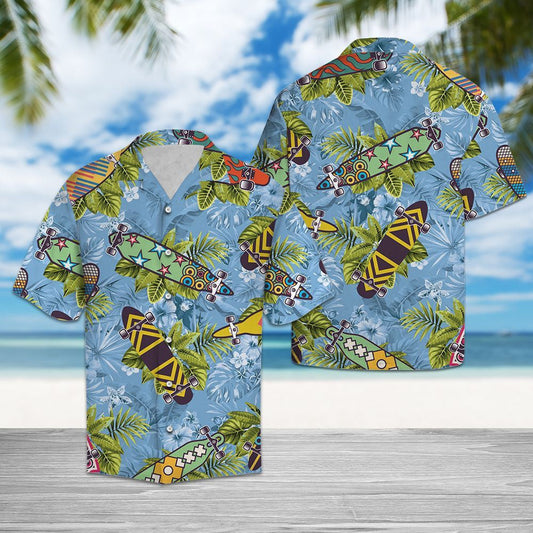 Skateboard On Ocean With Tropical Leaves Hawaiian Shirt,Hawaiian Shirt Gift, Christmas Gift