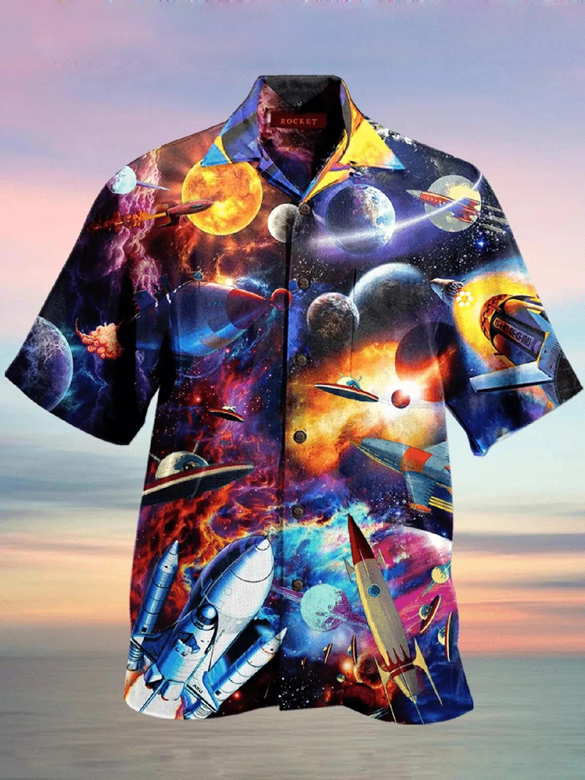 Rocket And Planets In Space Themed Pattern Hawaiian Shirt,Hawaiian Shirt Gift, Christmas Gift