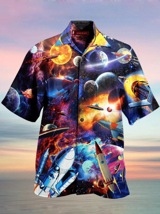Rocket And Planets In Space Themed Pattern Hawaiian Shirt,Hawaiian Shirt Gift, Christmas Gift