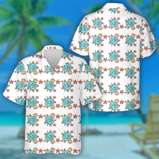 Sea Turtle Swirl With Red Starfish Hawaiian Shirt,Hawaiian Shirt Gift, Christmas Gift