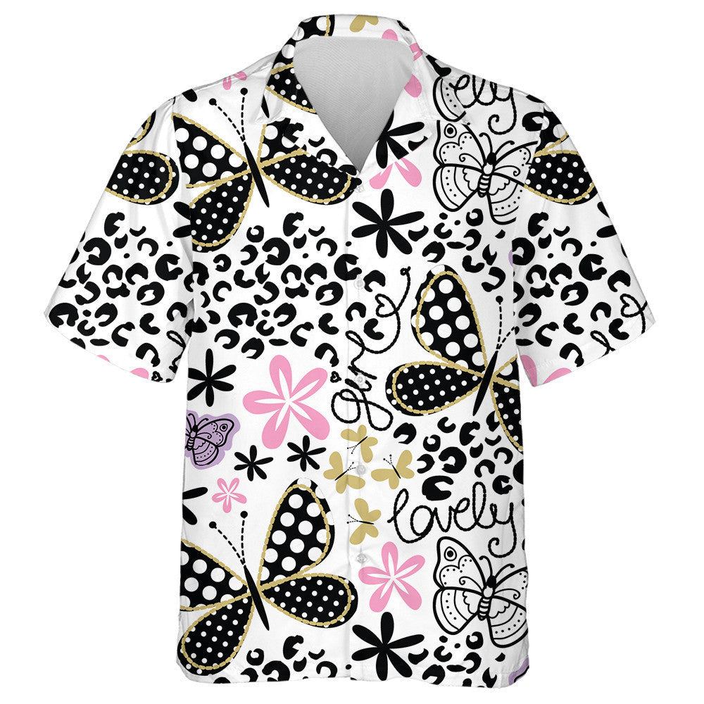 Spring Theme Lovely Black Dot Butterfly Hawaiian Shirt, Hawaiian Shirt Gift, Christmas Gift