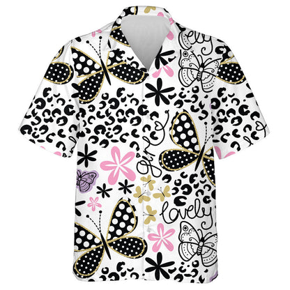 Spring Theme Lovely Black Dot Butterfly Hawaiian Shirt, Hawaiian Shirt Gift, Christmas Gift