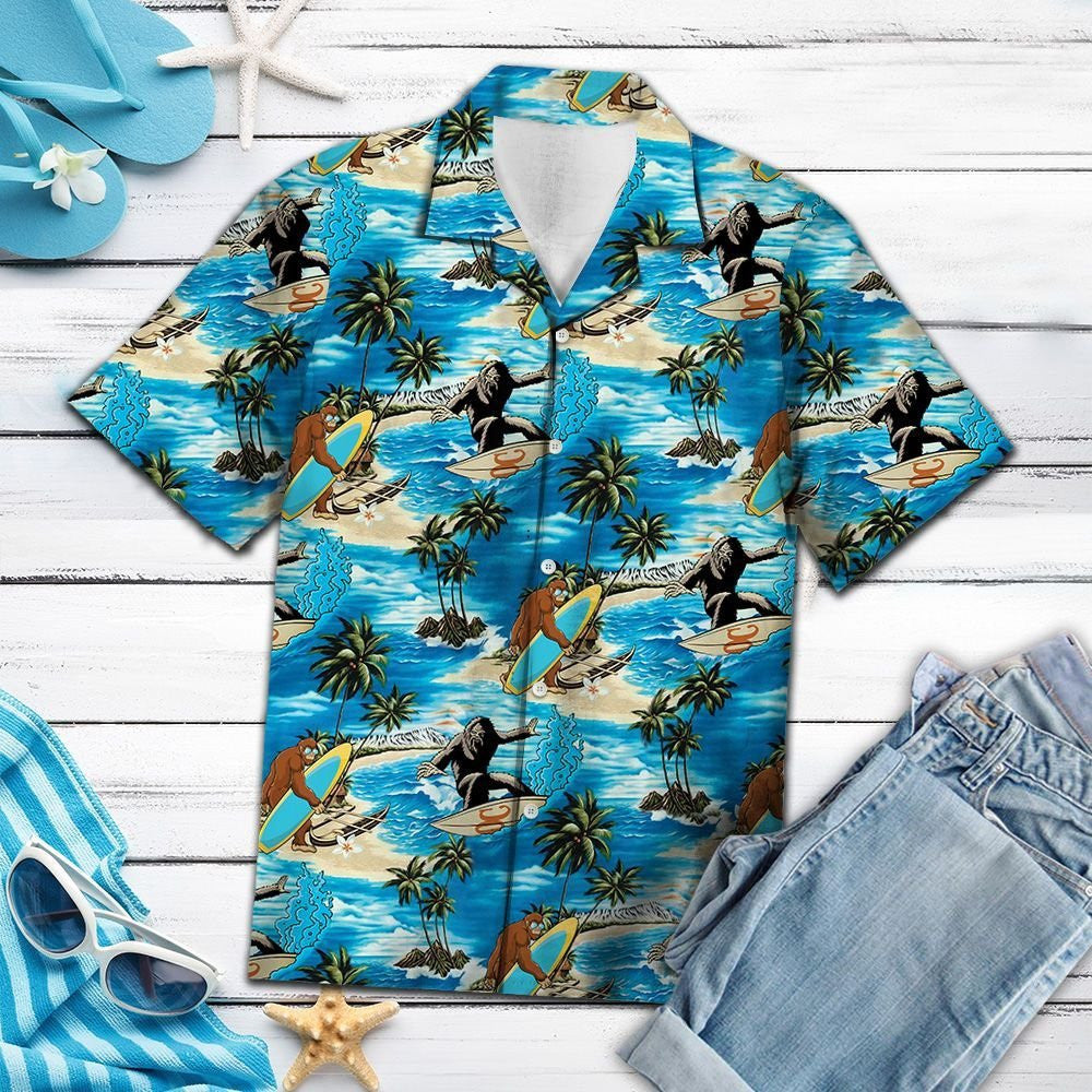 Bigfoot Surfing On Blue Beach Hawaiian Shirt, Hawaiian For Gift