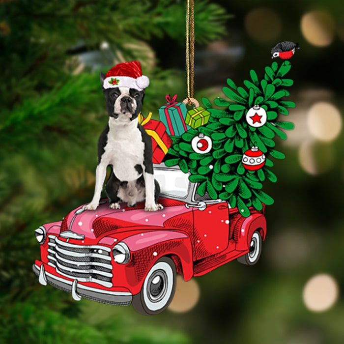 BLACK Boston Terrier-Pine Truck Hanging Christmas Plastic Hanging Ornament, Christmas Ornament Gift, Christmas Gift, Christmas Decoration