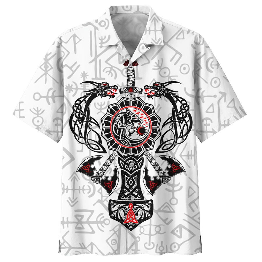 Viking Dragon On White Background Pattern Hawaiian Shirt, Hwaiian For Gift